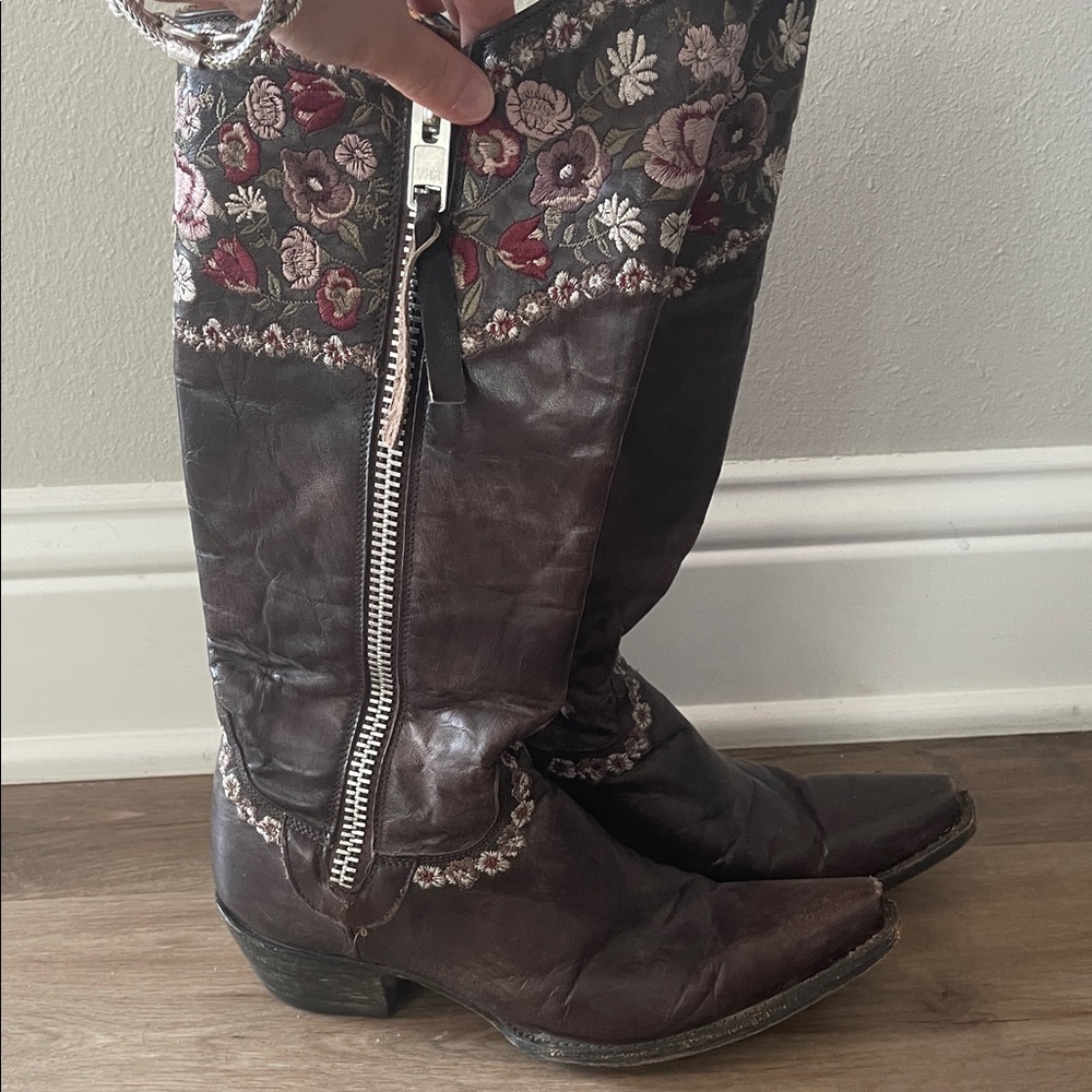 Old Gringo Brown Leather Boots with Floral Design